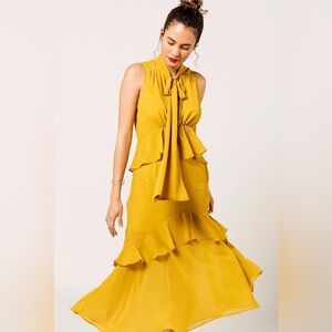 STRUT & BOLT Mustard Ruffle Maxi Dress Tie Neck Sleeveless M